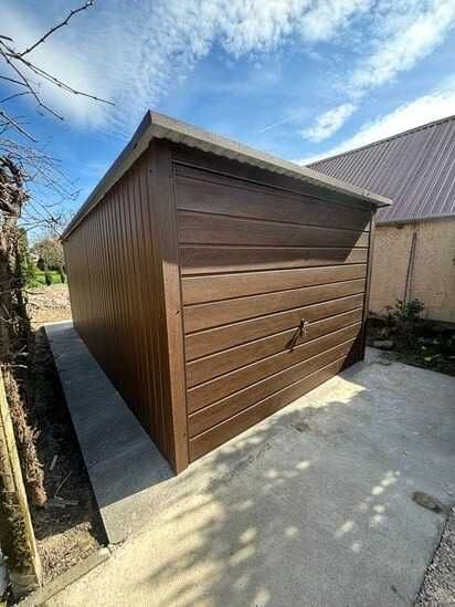 Garaż blaszany 3x5 drewnopodobny jednospadowy brama uchylna