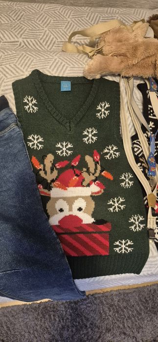 ZESTAW ŚWIĄTECZNY, 2x sweter, koszula, 2x szelki i pies plecak gratis