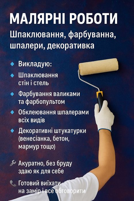 Малярні роботи | Шпаклювання, фарбування, шпалери, декоративна.