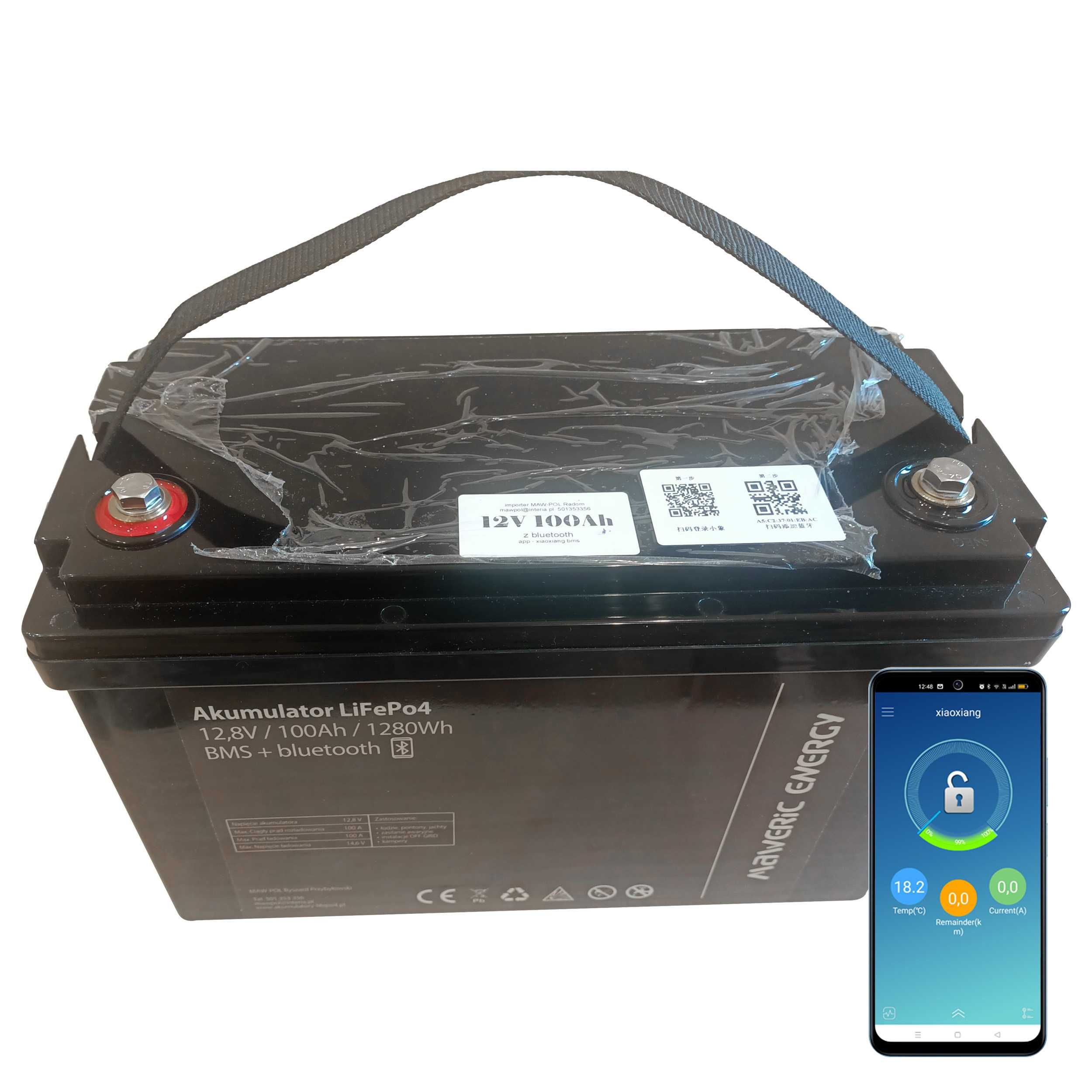 Akumulator LiFePO4 12V 100Ah z BMS bluetooth balanser ( łódź, kamper,