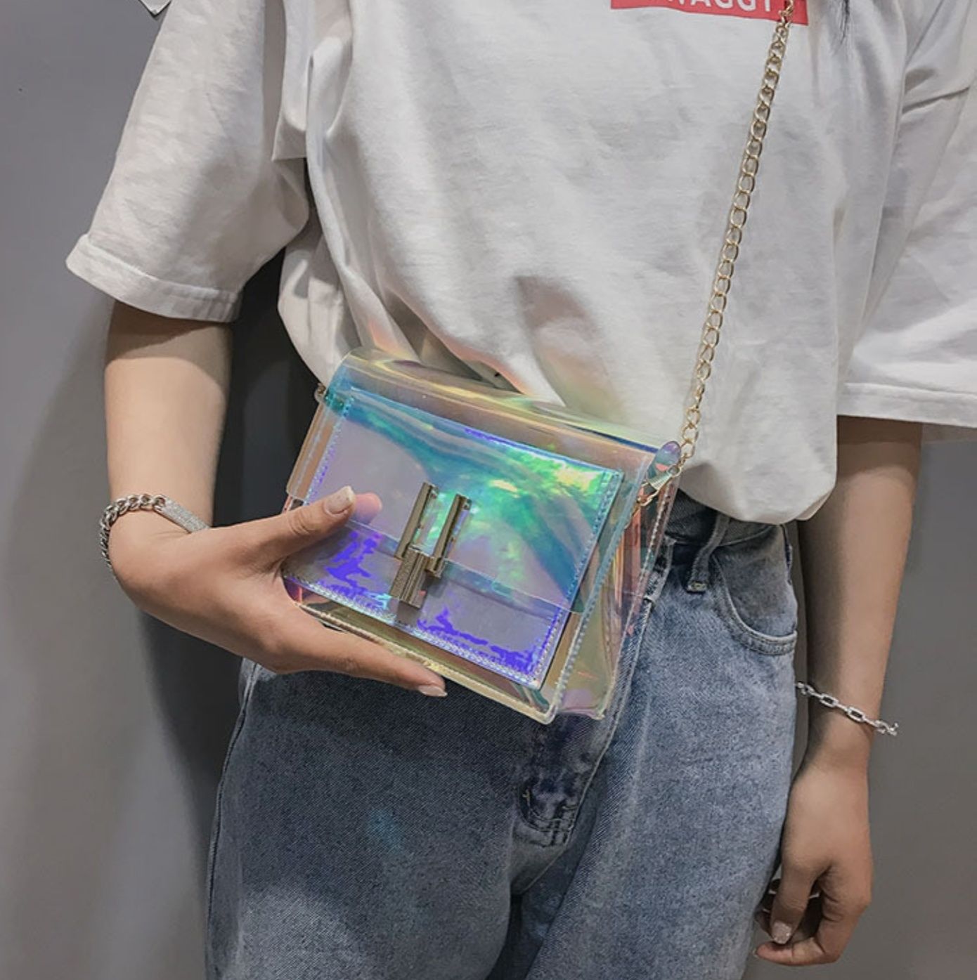 Жіноча голографічна прозора сумочка на ланцюжку клатч прозорий срібний