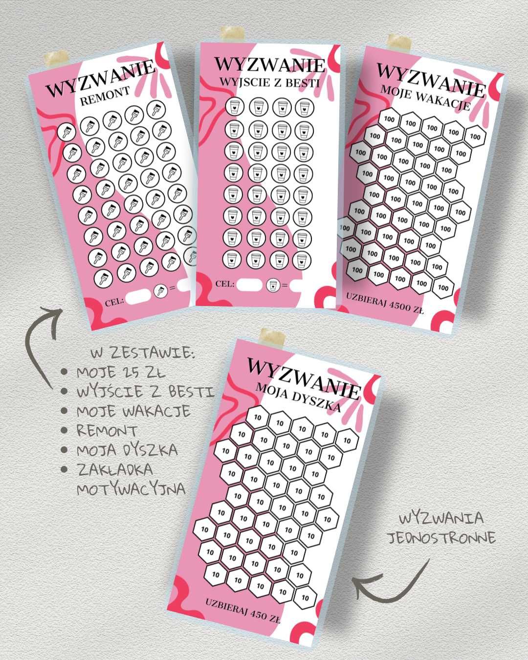 Zestaw Różowy Wyzwanie Oszczędnościowe do Bindera A6 Handmade