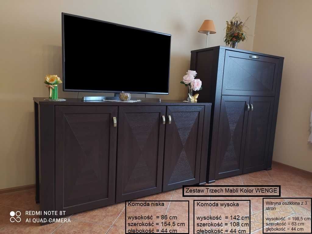 3 Meble do Salonu WENGE: Szafka RTV + Komoda + Witryna oszklona