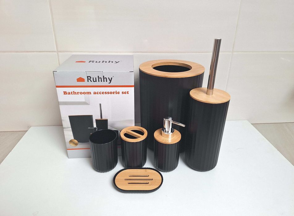 N O W Y czarny elegancki komplet zestaw łazienkowy 6 elementów bambus