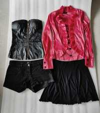 Gorset czarny bluzka różowa krótkie spodenki szorty spódnica zestaw