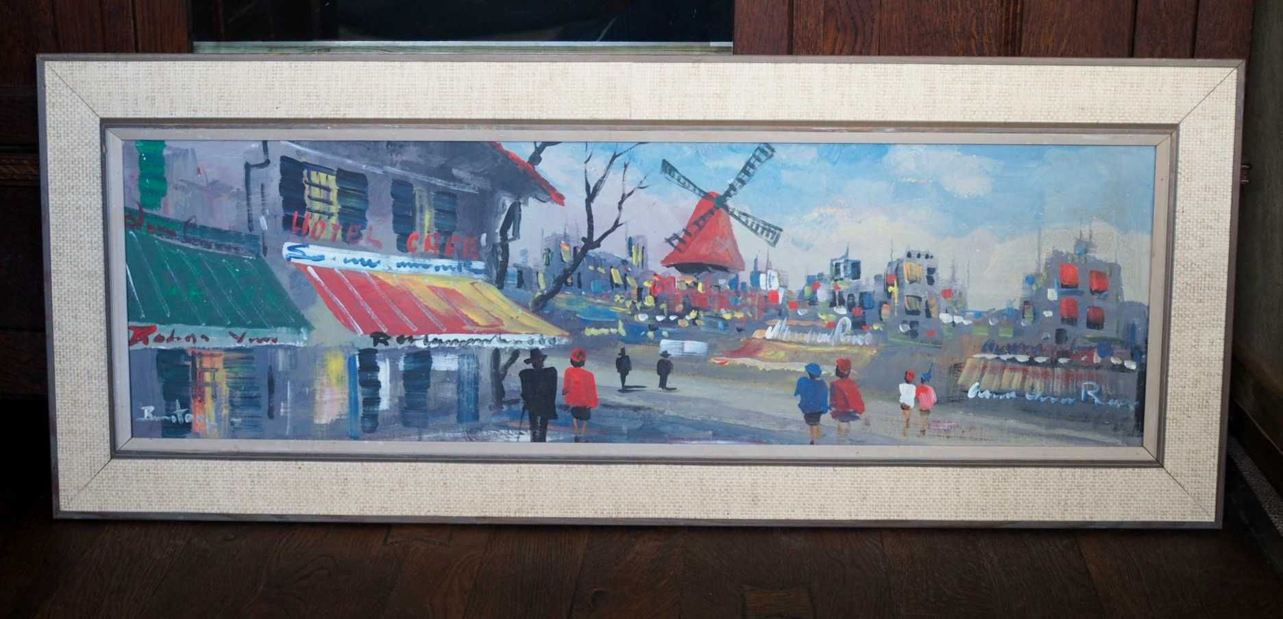 Sygnowany obraz VINTAGE na płótnie. Paryż, Moulin Rouge. Panorama.