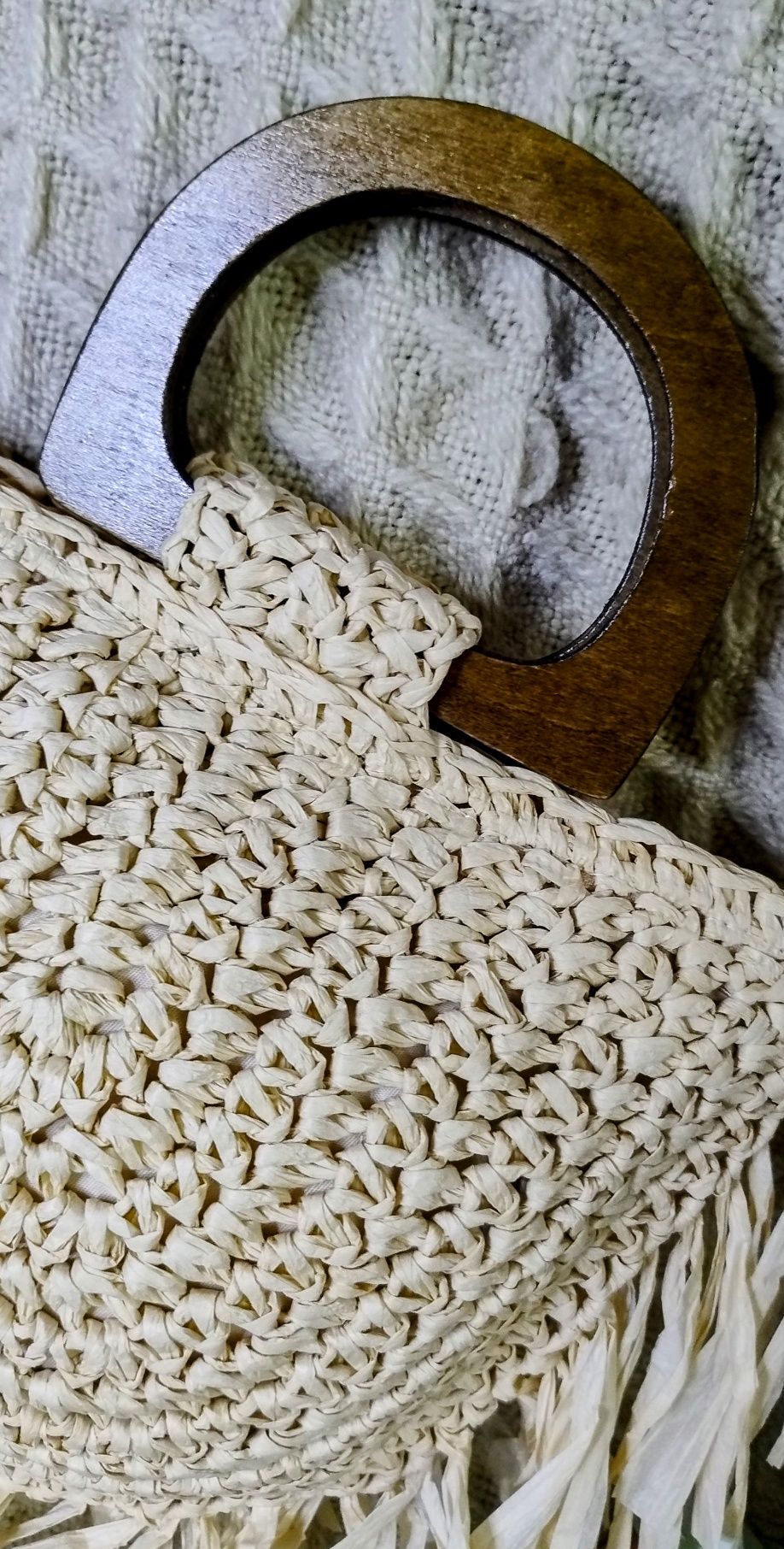 Pleciona letnia torebka, drewniane rączki, podszewka, frędzle,boho,eco
