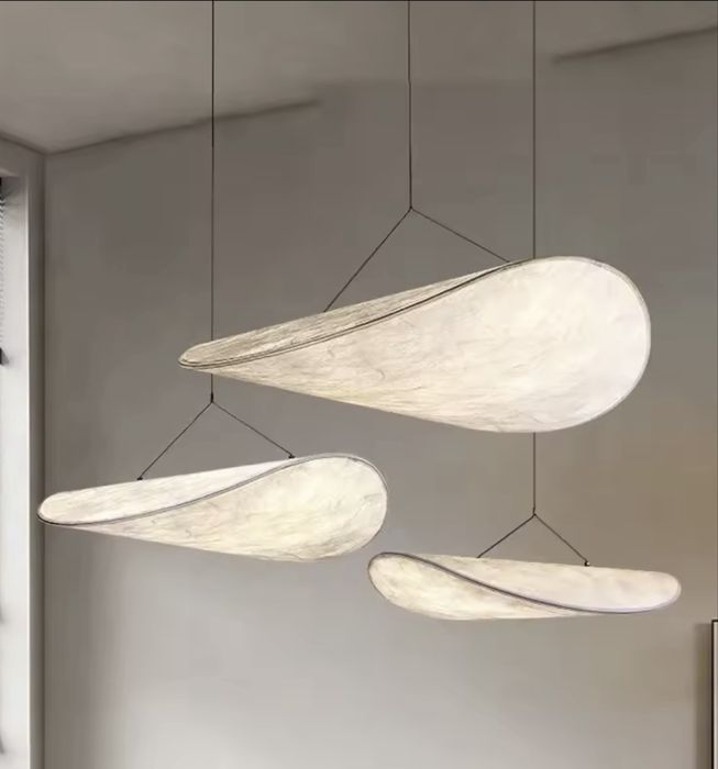 Lampa wisząca materiałowa nowoczesna japandi lniana żyrandol westwing