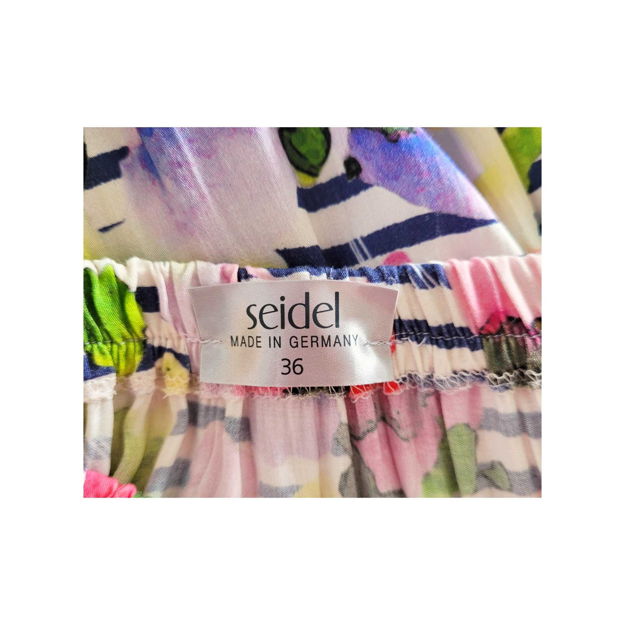 Kolorowa asymetryczna zwiewna spódnica z falbaną S Seidel paski kwiaty
