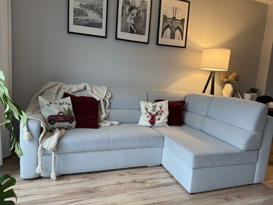 Narożnik z funkcją spania, 2 pojemniki, pufa