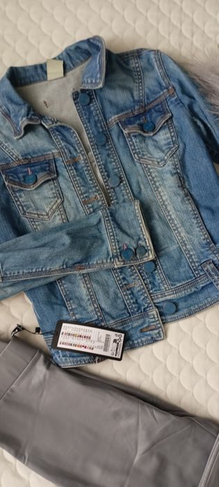 Komplet damski kurtka jeansowa katana i legginsy skórzane