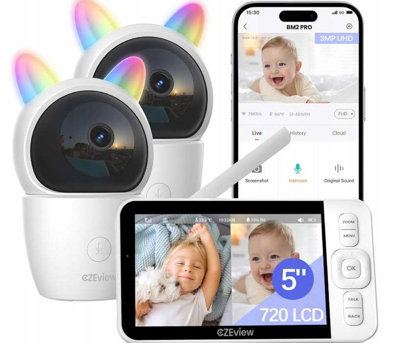 Niania elektroniczna 2 kamery monitor ekran Wifi aplikacja CZEview