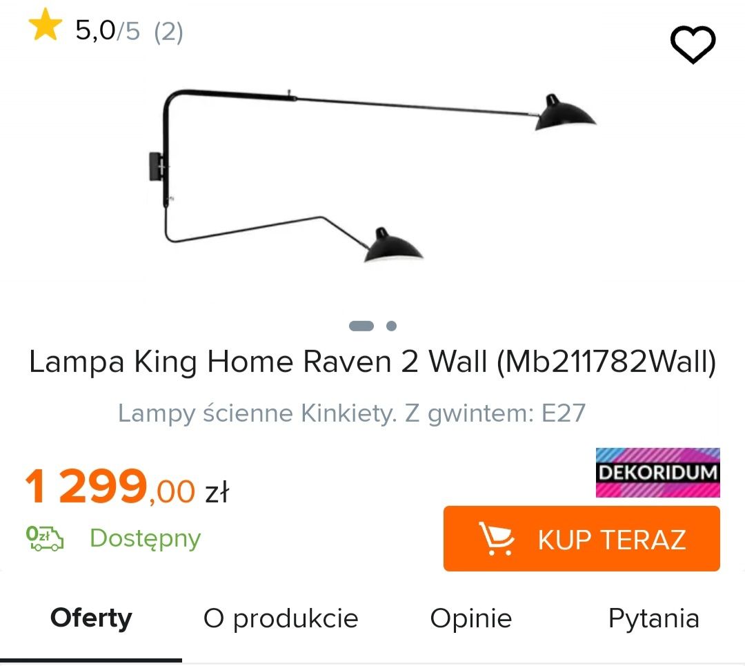 Lampa Kinkiet raven 2 wall *nowa*