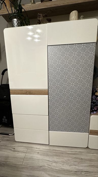 Zestaw mebli - witryna i szafka pod TV, biały połysk-dąb sonoma