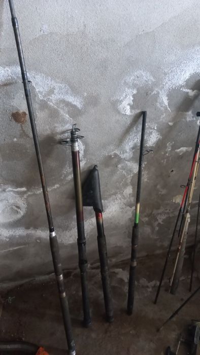 Várias canas de pesca e carretos