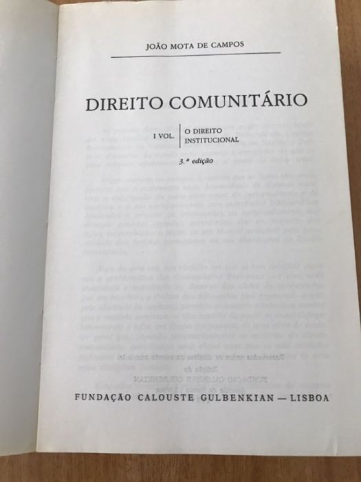 Livros Direito Comunitário vol 1 e 2, de João Mota de Campos