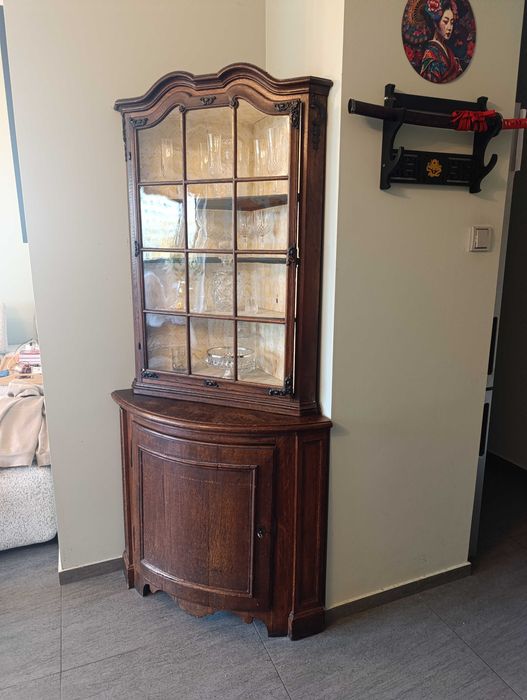 Kredens, witryna, gablota, narożna, lite drewno, brąz, antyk