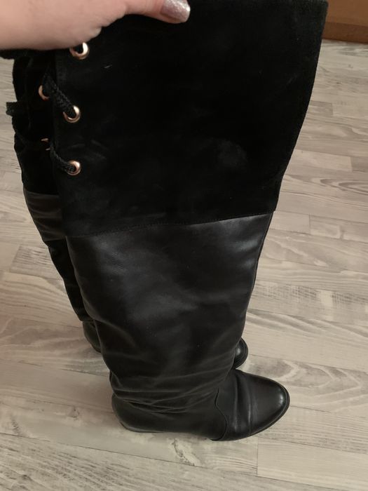 Зиние кожаные замшевые сапоги ботфорды