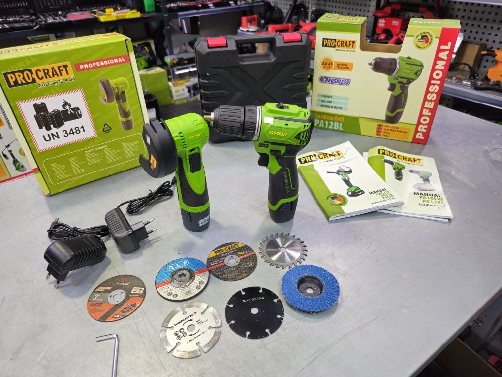 Комплект Мини Болгарка Procraft PGA12 + Шуруповерт PA18bl +Диски 7шт