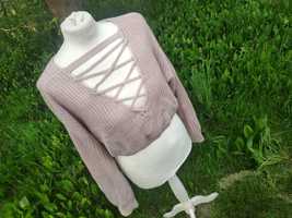 Lawendowy pastelowy różowy krótki sweter bluzka sznurki S M