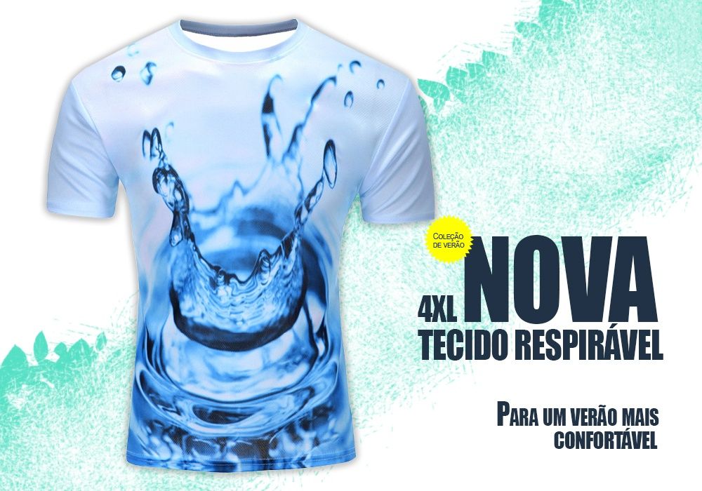 T-shirt 3D gota de àgua em gráfico de impressão -Manga curta de verão