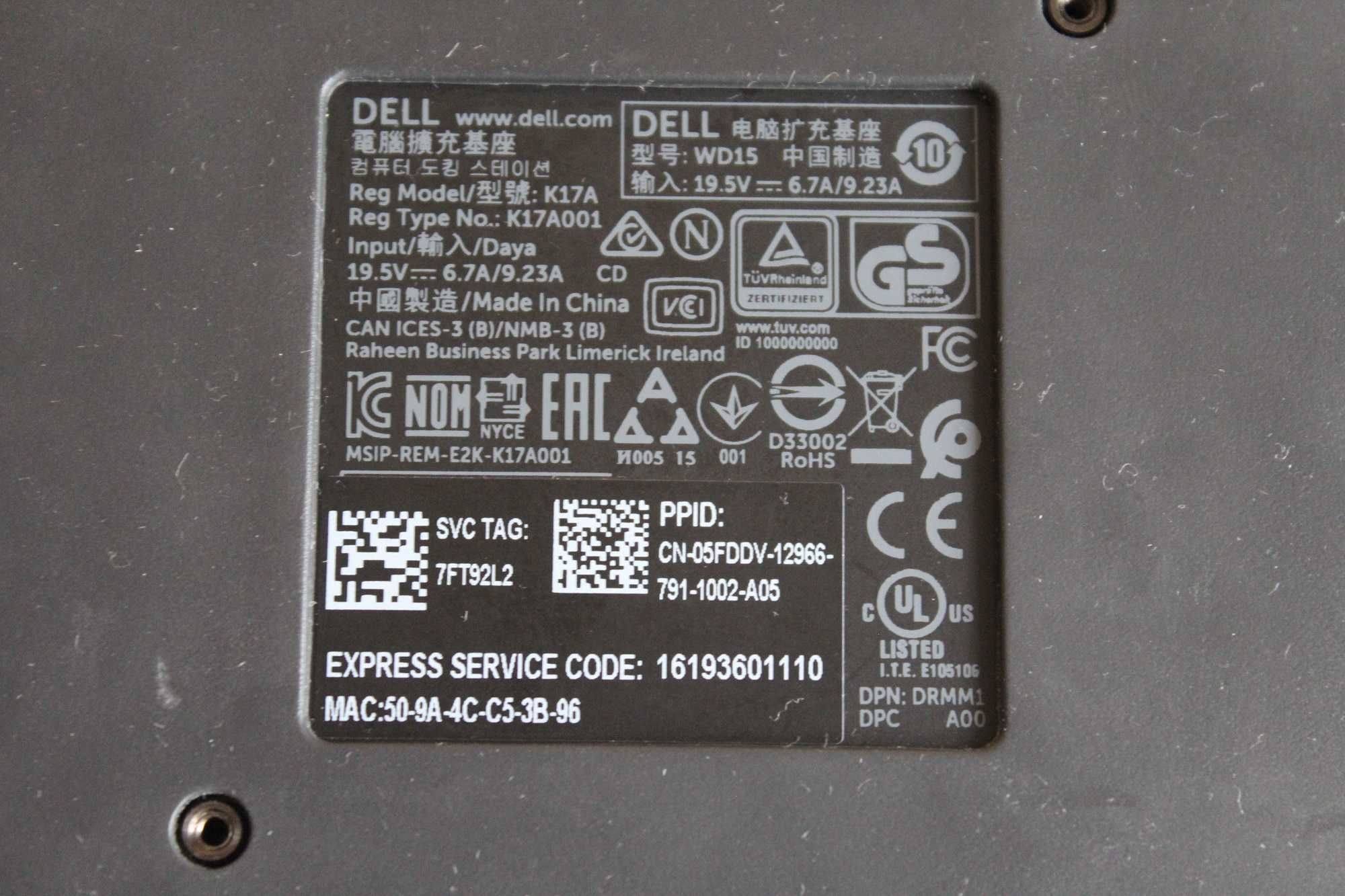 Док-станція DELL WD15 K17A Dock 4K USB Type-C Ethernet Thunderbolt3