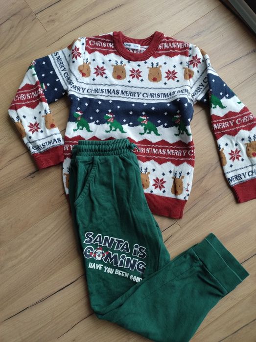 Zestaw 122 Zielone czerwone spodnie dresowe sweter świąteczny