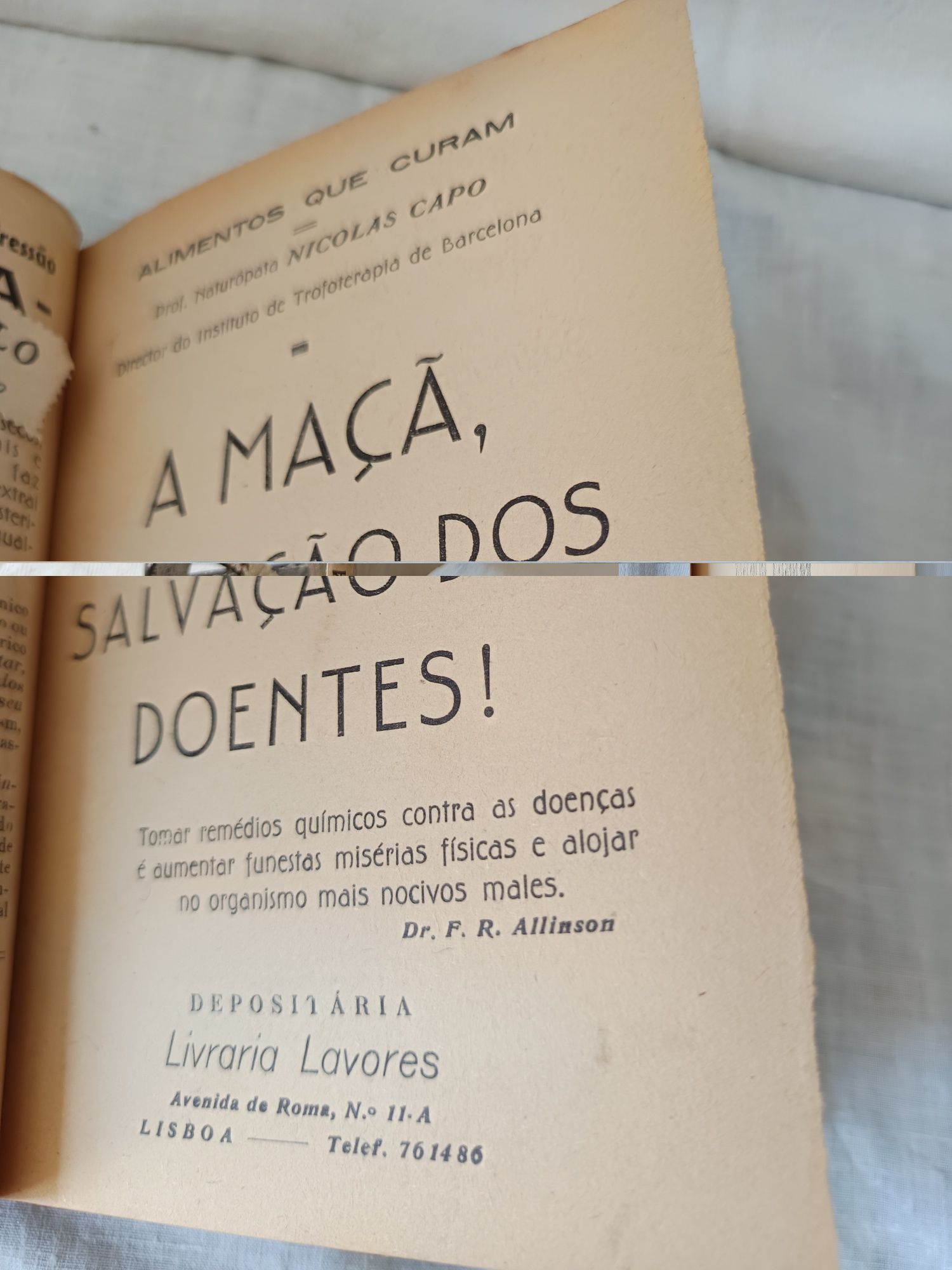 Livro antigo naturopatia "A maçã Salvação dos  doentes"Nicolas Capo.