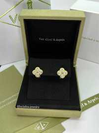 Золотые Серьги в стиле VanCleef Vintage Alhambra с бриллиантами 1.05ct