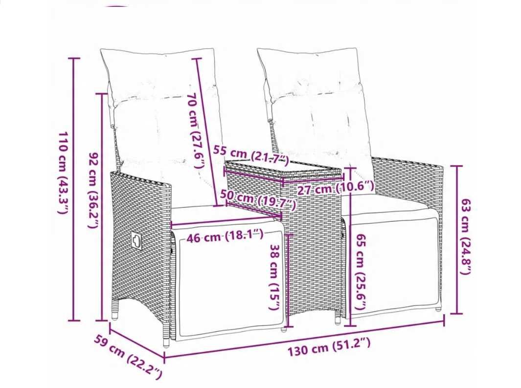 Rozkładana sofa ogrodowa, fotele dla 2 os., ze stolikiem, rattan