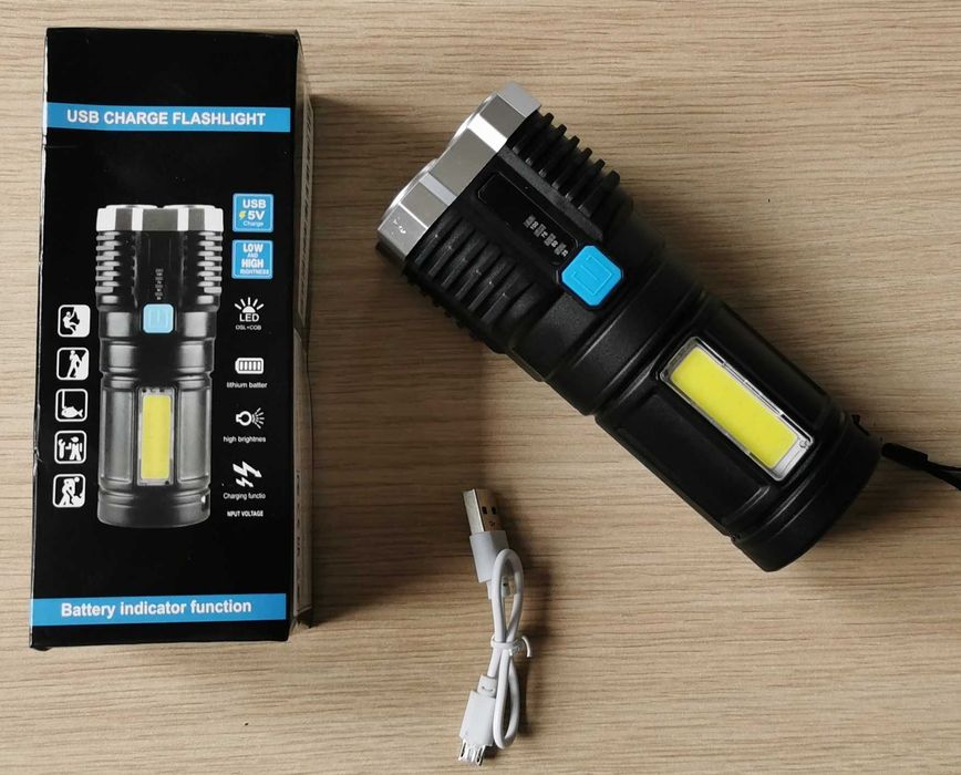Latarka 4xLED USB wielofunkcyjna COB 10W na akumulator ładowana - nowa
