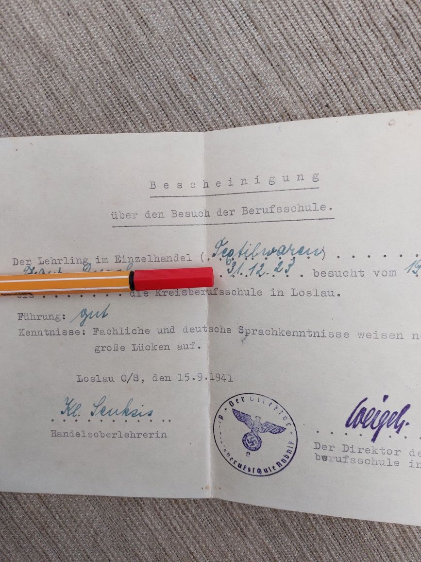 Kolekcja stary dokument certyfikat 1941 Wodzisław  Loslau