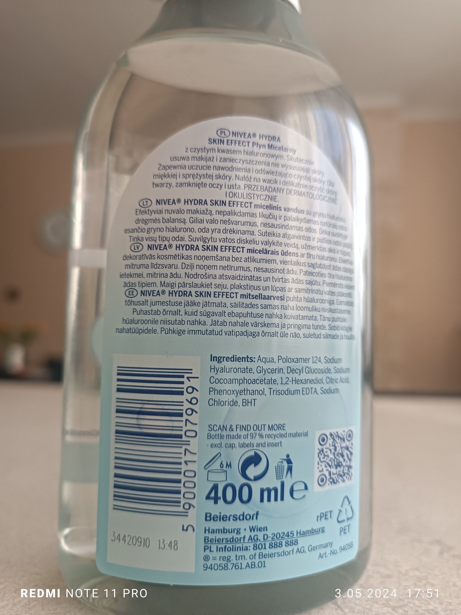 Nivea płyn micelarny Hydra skin effect 400 ml.