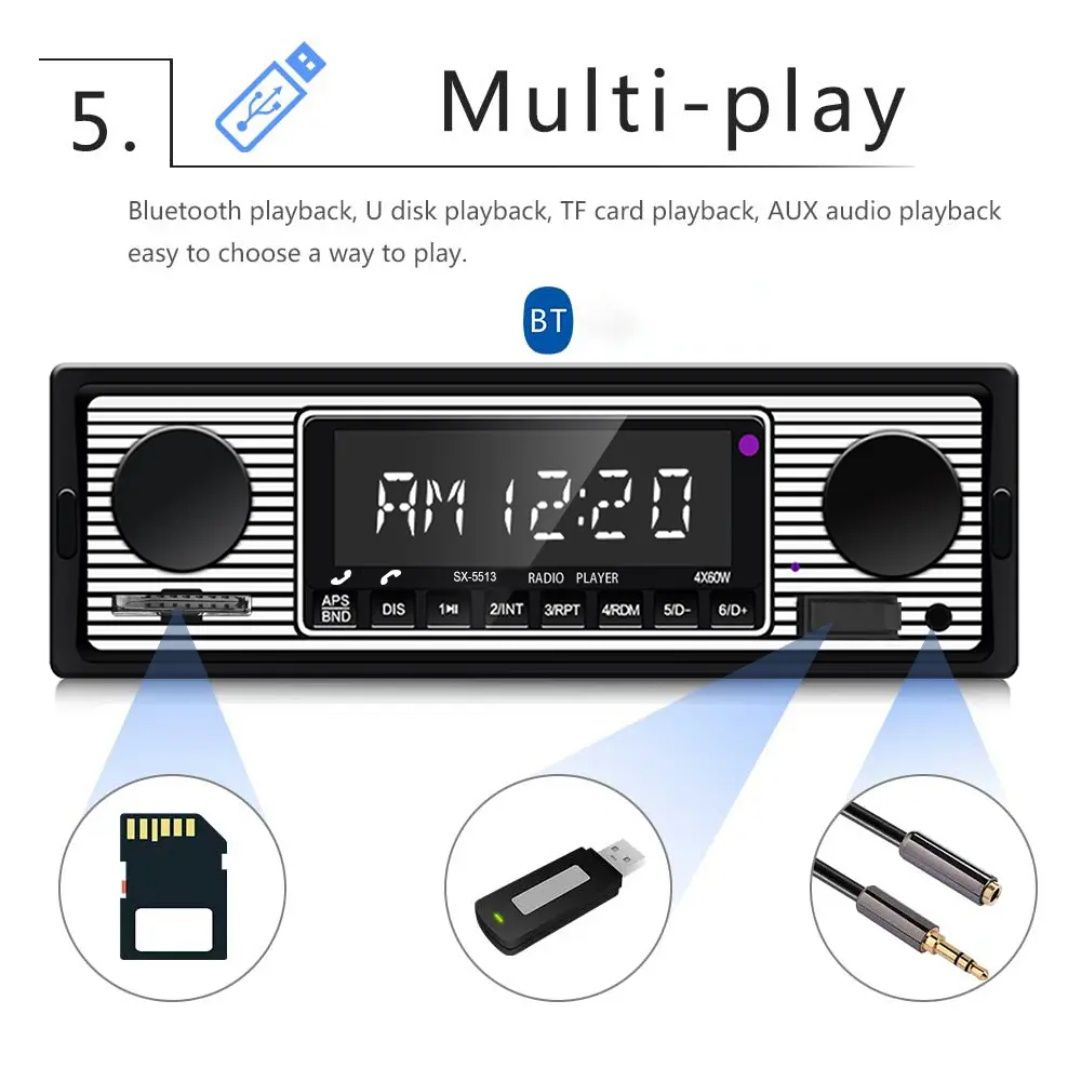 Rádio 1din Estilo clássico Bluetooth FM Cartão USB Auxiliar NOVO