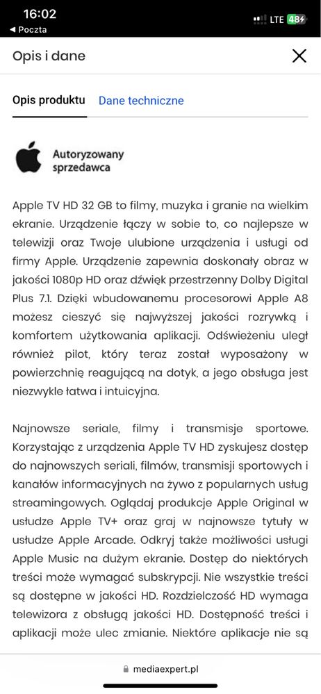 Apple tv hd 32gb czarny
