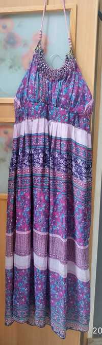 Kolorowa letnia długa sukienka na szyję, firmy MISS LOU, rozmiar 42