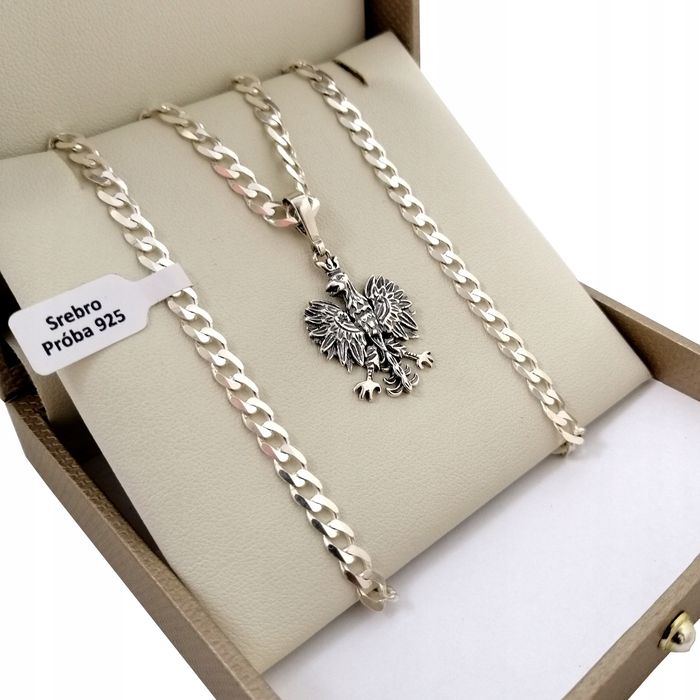 Srebrny Łańcuszek Pancerka+medalik Orzeł 925/60cm