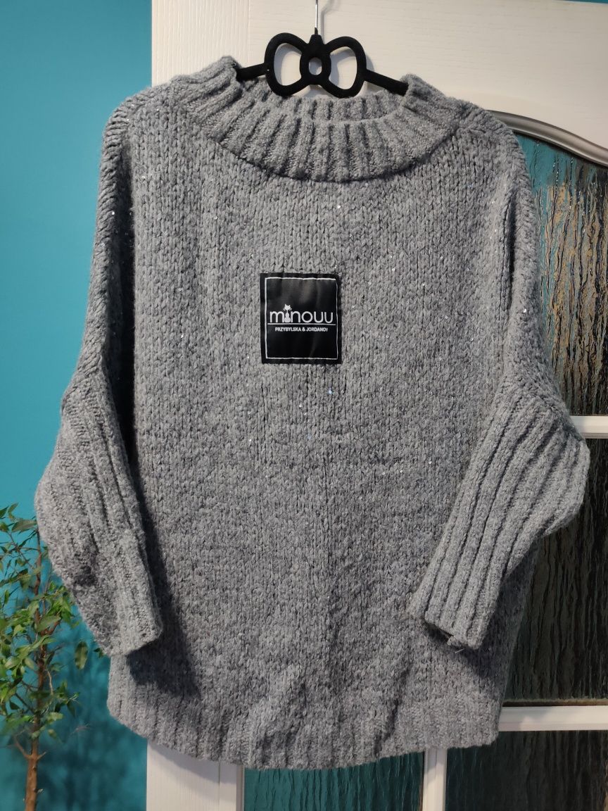 Nowy szary sweter oversize, cekiny Minouu do 120 biust