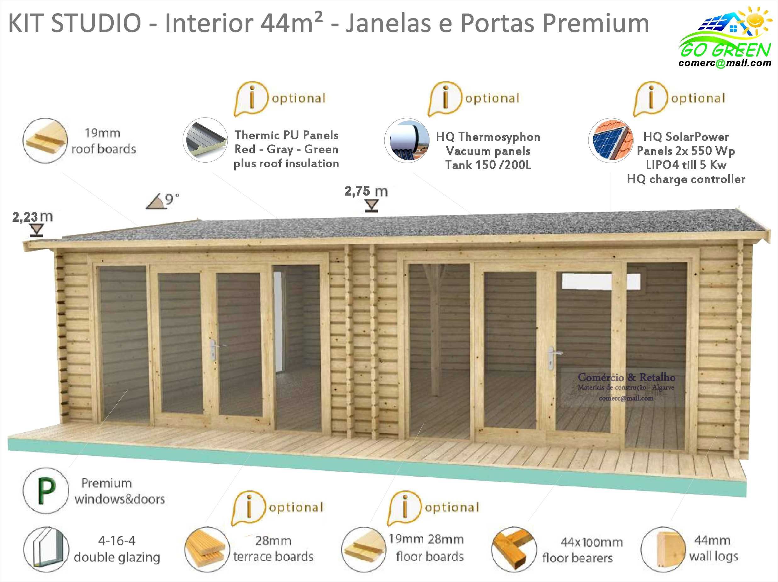 Casa de madeira STUDIO 6x8 44mm área coberta 54m² - Tiny House
