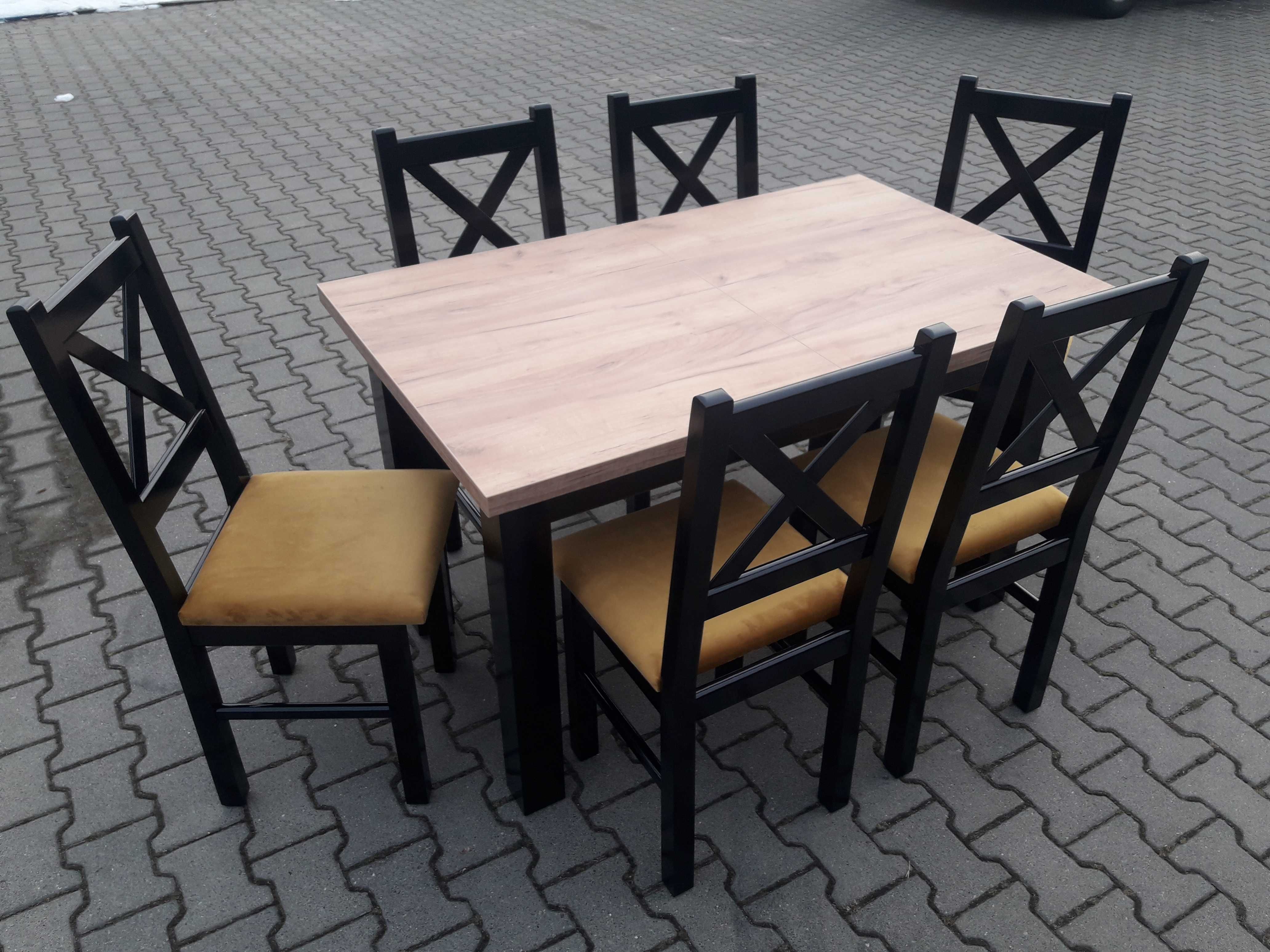 Stol 150/200x80x76 +6 krzesel czarny /blat dab craft zloty okazja