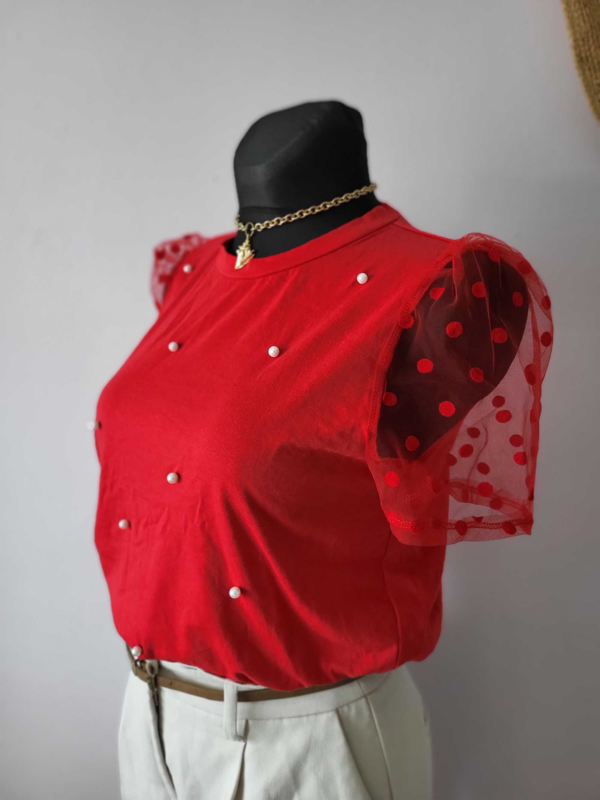 Czerwona elegancka bluzka tshirt z perełkami z bawełną tiulowe rękawy