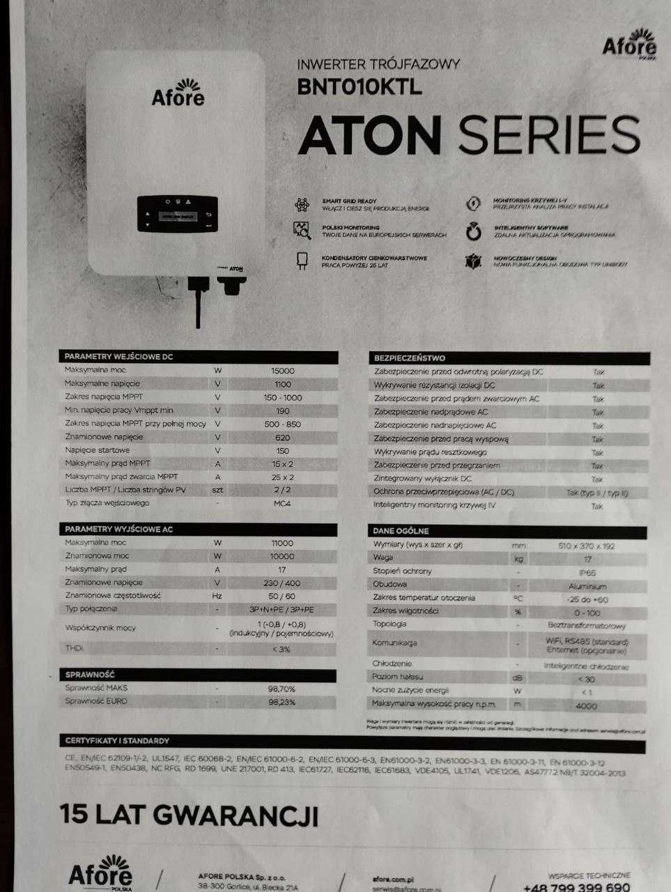 Falownik Inwerter Sieciowy trójfazowy z WIFI AFORE ATON BNT010KTL 10kW