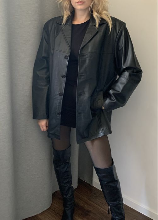 Skórzany czarny płaszcz vintage oversize kurtka ze skóry naturalnej