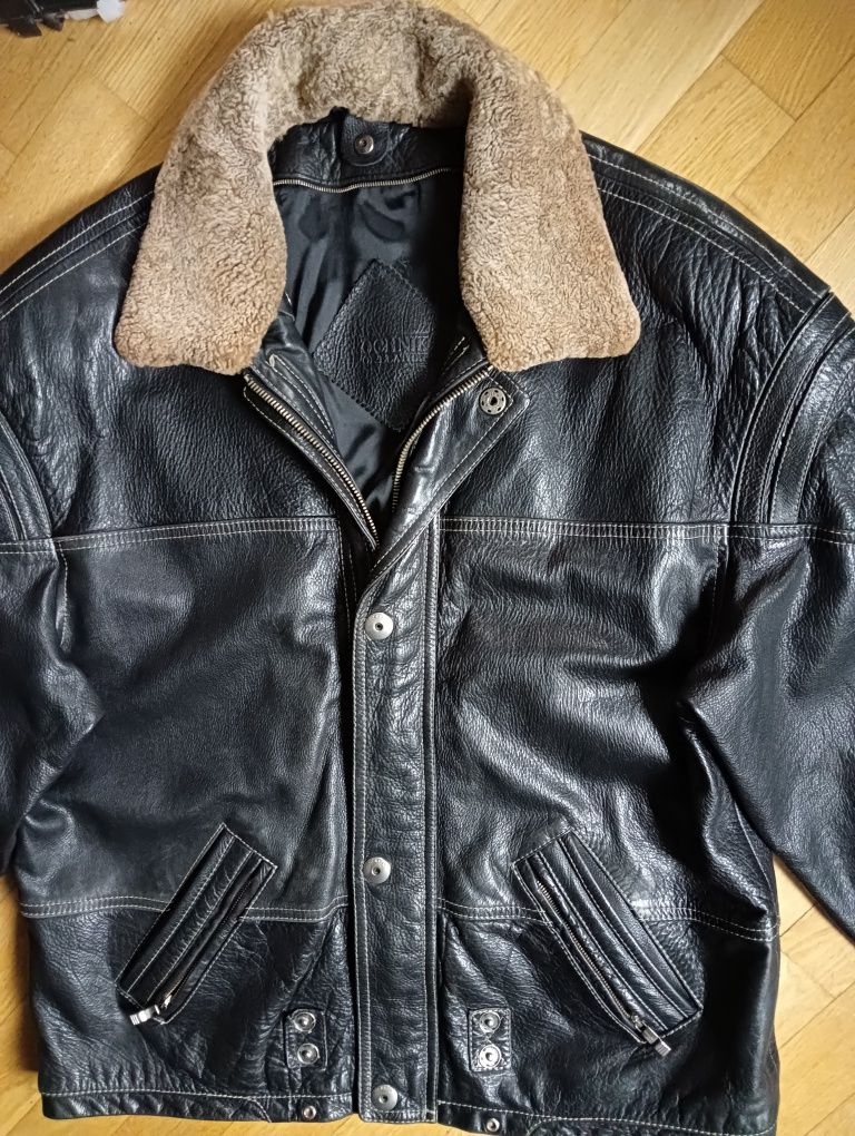 Solidna kurtka skórzana vintage Ochnik XL skóra kołnierz kożuch wełna