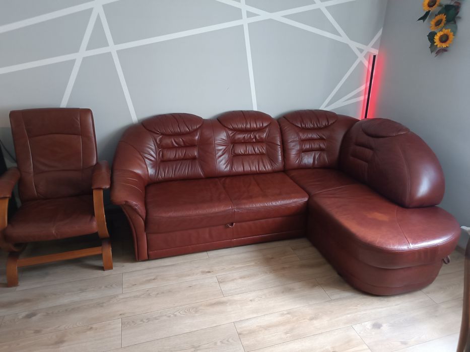 Skórzana kanapa narożna z fotelem narożnik z funkcją spania zestaw