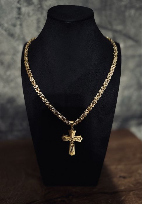 Łańcuszek męski splot królewski z krzyżykiem – pozłacany, 60 cm Nowy!