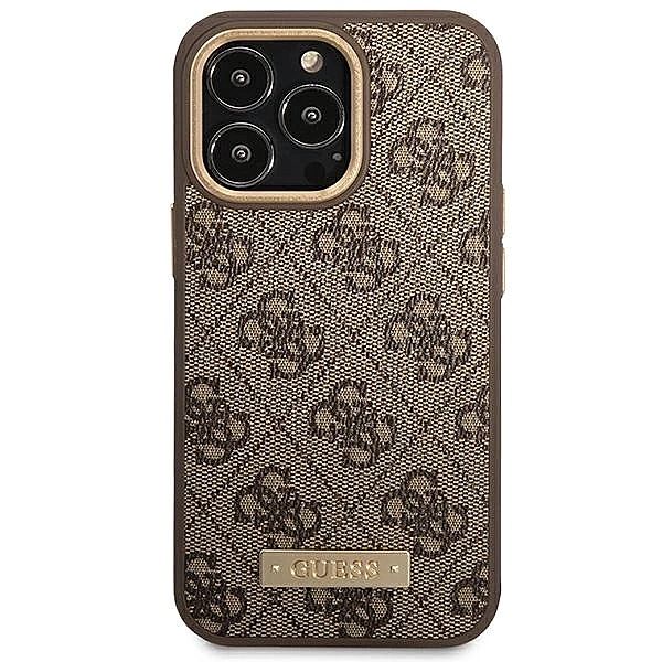 Etui Guess 4G Logo Plate MagSafe na iPhone 14 Pro - brązowe