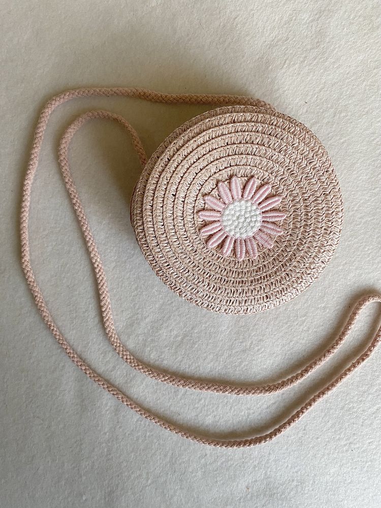 Torebka Mini - Boho Letnia plażowa na ramię - słomiana, Kwiat Róż