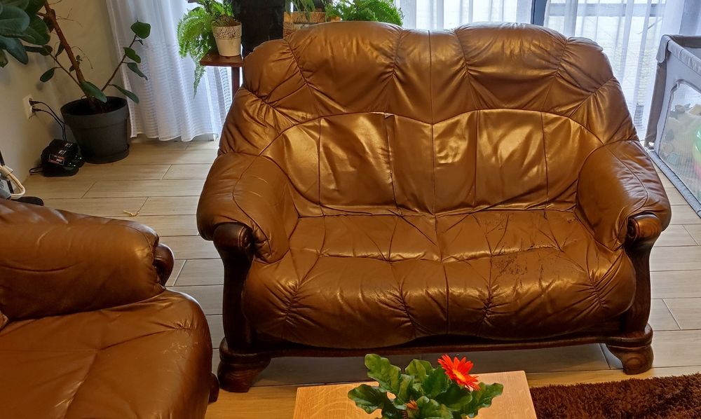 Kanapa skórzana brązowa dwie w komplecie