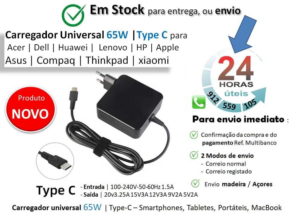 Carregador Type-C  65W | Smartphones, Tabletes, Portáteis, MacBook